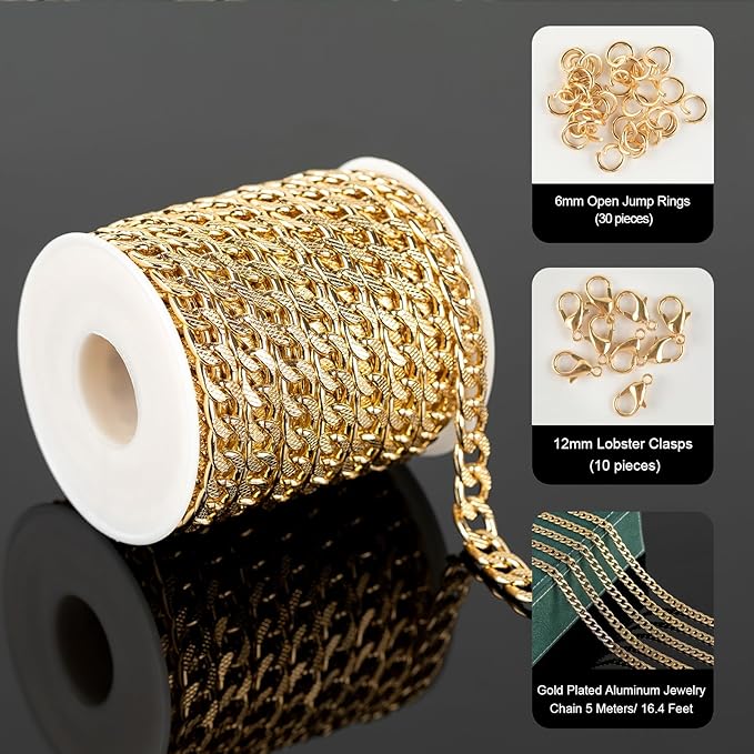 UMAOKANG 16.4 Feet Curb Link Chains Bulk Lightweight Gold Plated Aluminum Jewelry Chain for Jewelry Making Unwelded Curb Chain Necklace DIY Decoration Craft Chain Roll