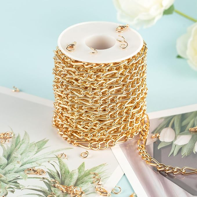 10 Meters Figaro Chain for Jewelry Making Gold Plated Aluminum Twisted Link Chains Roll with 50pcs Jump Rings + 20pcs Lobster Clasps