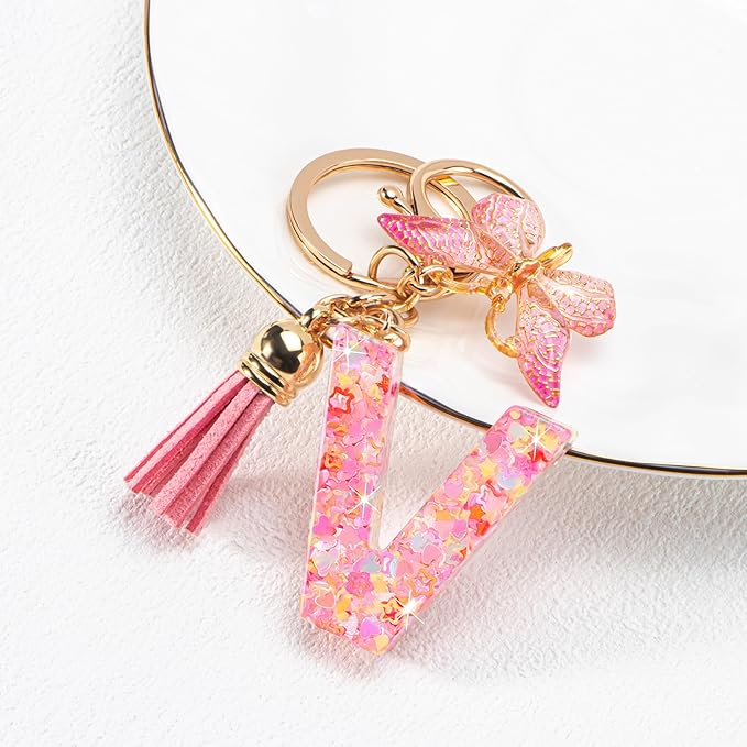 Initial letter Keychains for Women Girls Tassel Butterfly Cute Keychain for Wallet Backpack charm