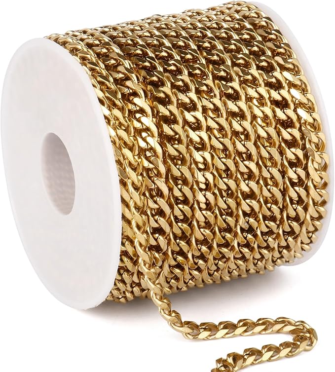 16.5FT Gold Cuban Chain Roll 5MM 18K Gold Plated Diamond-Cut Curb Link Chains Spool Bulk for DIY Crafts Jewelry Making