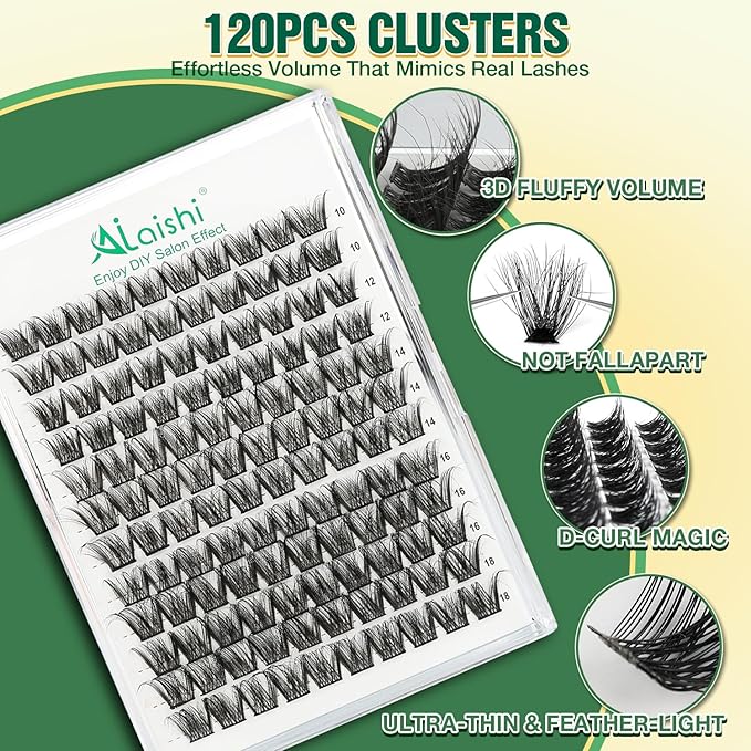 Lash Clusters Kit, DIY 3D Cluster Eyelash Extensions 10‑18mm,120pcs Fluffy D Curl Soft Natural Lashes with Bond and Seal,Remover,Tweezers, –Natural Fake Cat Eye Wispy Individual Clusters（DF2MIX1-4）
