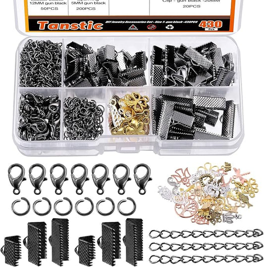 Tanstic 430Pcs Black Ribbon Ends Fastener Clasps Kit, Bookmark Pinch Crimp Ends with Open Jump Rings, Lobster Claw Clasps, Chain Extenders and Pendant Charms for DIY Crafts