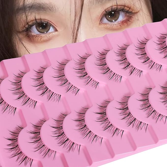 outopen 10 Pairs Manga Lashes Natural Look False Eyelashes Wispy Spiky Anime Lashes Korean Japanese Asian Style Cosplay Fake Eyelashes with Clear Band