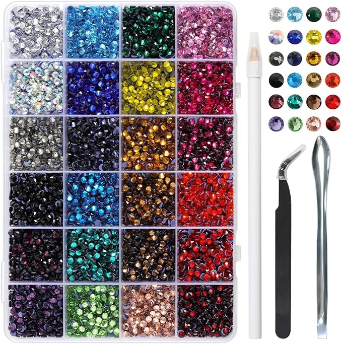 BEADSLAND Hotfix Rhinestones Mixed 24 Colors, SS16 Rhinestones for Crafts Clothes, Hotfix Crystals with 1 Tweezers, 1 Wax Pencil and 1 Spoon