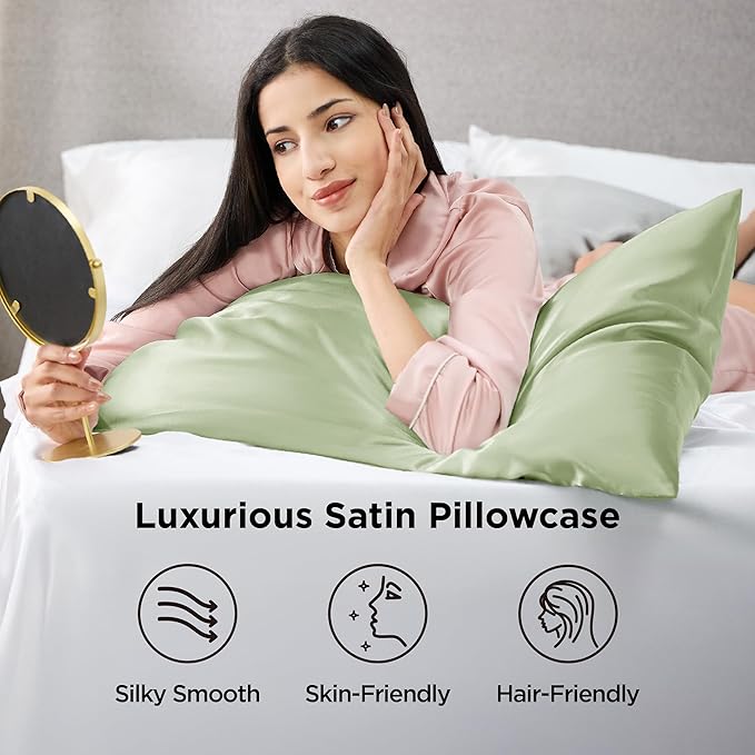 Bedsure Satin Pillowcases, Similar to Silk Pillow Cases Queen Size Set of 2, Pillow Case for Sleeping Women with Envelope Closure, Gifts for Women Men, Sage Green, 20x30 Inches, 2pcs