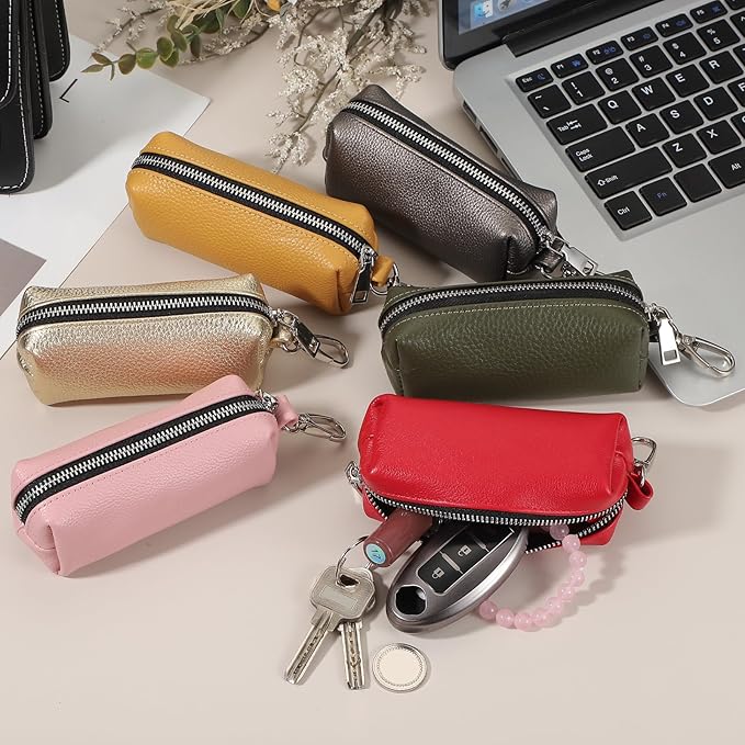 uxcell Leather Coin Purse, Leather Car Key Holder Bag Hand-held Change Purse Keychain Pouch Small Coin Pouch with Key Ring for Women and Men, Grey