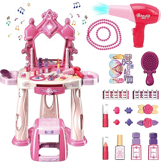 Pretend Play Girls Makeup Table Set with Stool，Kids Vanity Set with Lights and Music，Toddler Beauty Salon Set with Makeup Accessories & Hair Dryer Toy，Best Birthday Gifts for Toddlers 2-5 Years Old