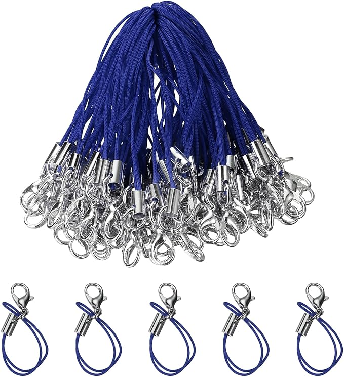 HARFINGTON 100Pcs Clasp Cords Clasp Strap Lanyard Charm Short Finger Rope with Lobster Clasp for Cellphone Cases Keychain DIY Jewelry Making, Navy Blue