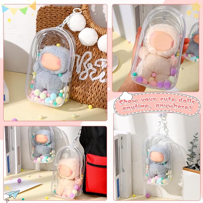8 Pcs Clear Figure Display Bag, Portable Figures Storage Bag with Keychain, Pouch Blind Box Single Zipper Closure Collectibles Case Keychain for Mini Plushies, Dolls (Clear)