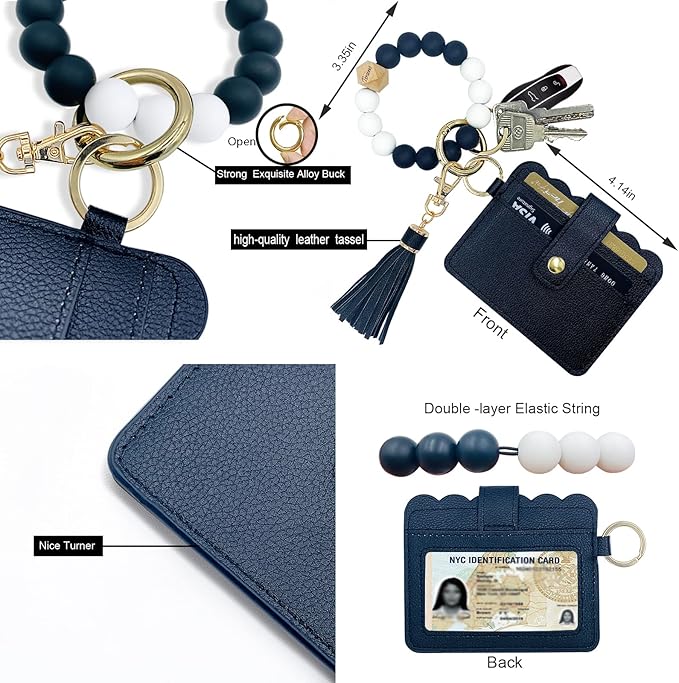 Keychain Wallet Wristlet Small Credit Card Holder Bracelet Key Chain Purse Bangle Tassel Beads Key Rings for Women