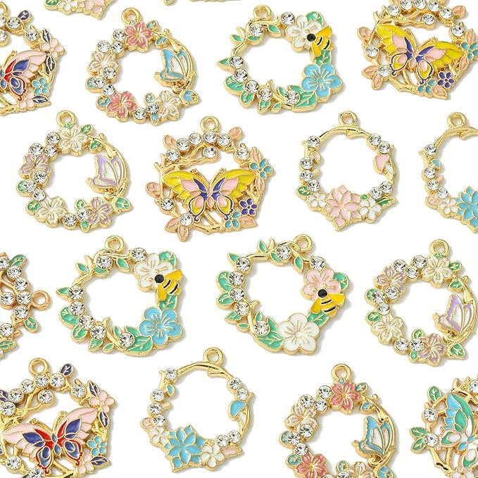 Stiesy 20 Pcs 10 Styles Spring Flower Wreath Charms Enamel Metal Charm Pendant with Rhinestone Butterfly Bee for Jewelry Making DIY Bracelet Earring Necklace Crafting