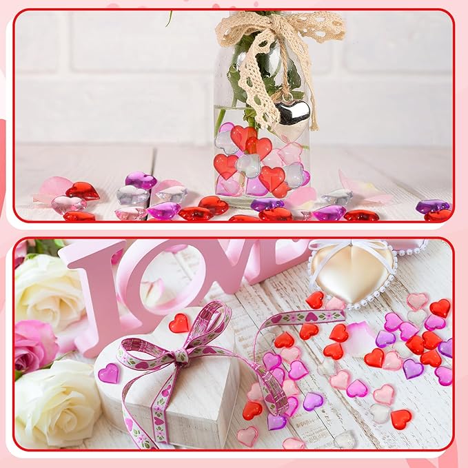 Menkxi 400 Pcs Valentines Day Vase Fillers Acrylic Heart Decoration Heart Vase Fillers Hearts Shaped Crystals Gems for Table Scatter Wedding, Artwork 0.87 Inch, 5 Color