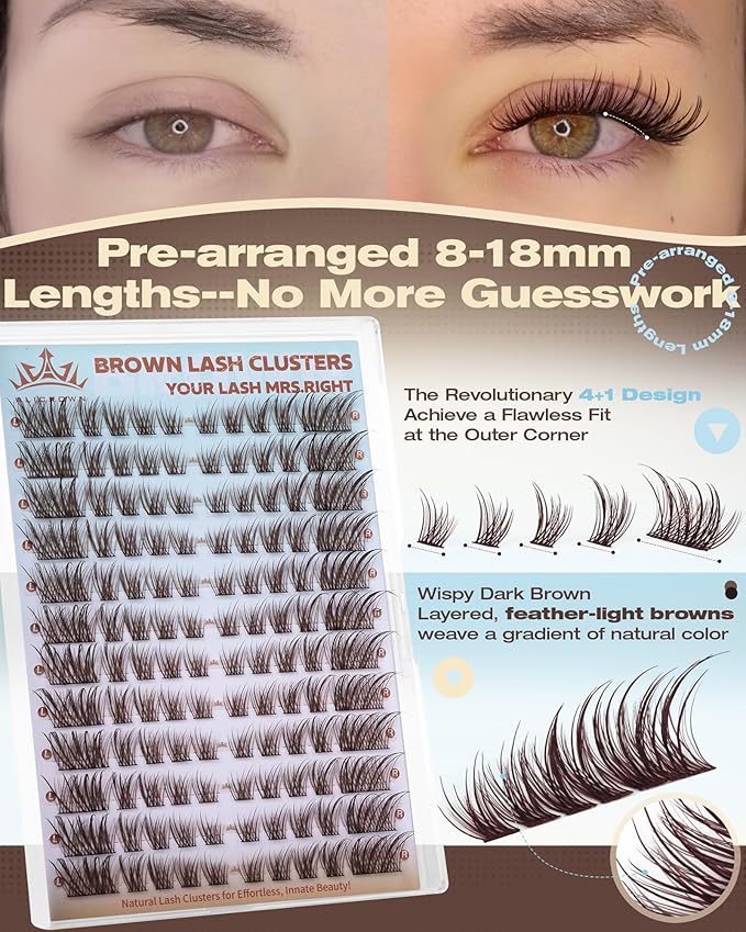 ALICROWN Brown Lash Clusters Natural Eyelash Extensions Cat Eye Eyelash Clusters Left & Right Wispy Lash Extensions Fox Eye Cluster Lashes C Curly DIY Individual Lashes Fairy Eyelashes