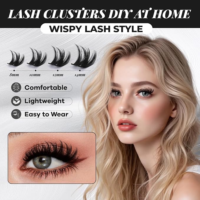 Flaunt Lash Clusters Kit Flora Short 8-14mm Light-Volume Wispy Eyelash Clusters D Curl DIY Eyelash Extension Kit Spiky Cat Eye Individual Lash Eyelash Clusters with 0.05mm Ultra-Thin Black Band