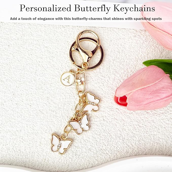 Bag Charms for Handbags- Cute Keychains for Women Car Keys Chain Accessories Beautiful Butterfly Letter Initial Charm