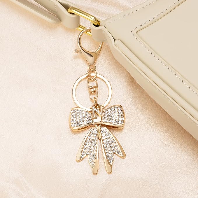 XGALBLA Sparkly Cute Initial Letter Rhinestone Bow Keychain for Women Gold Tone Bag Charms Coquette Aesthetic Purse Charms