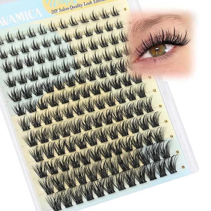 Yawamica Lash Clusters Wispy Eyelash Extensions 8-16mm Natural Volume Eyelash Clusters Pestañas Postizas Naturales C Curly Manga Individual Lashes 144pcs Cluster Lashes DIY Fairy Lash Extension Look
