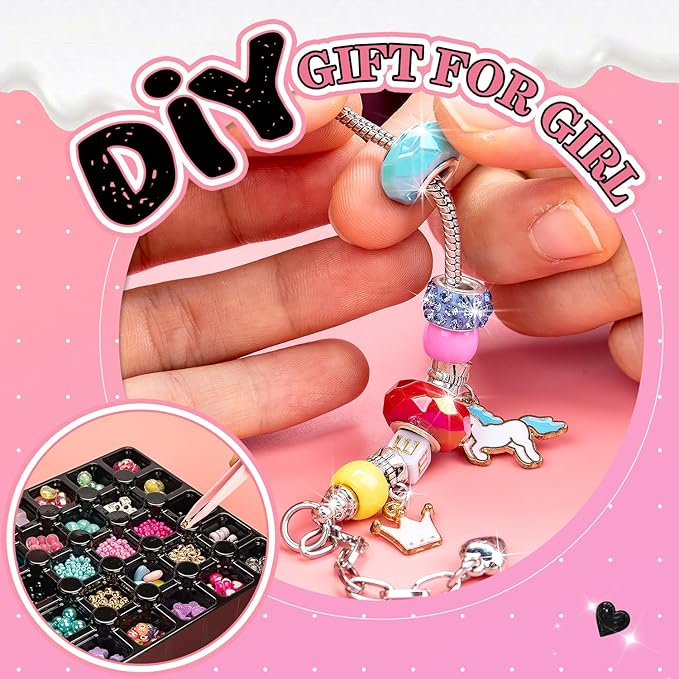 DIY Jewelry Making Kit for Girls, Pink Storage Box with Beads, Bracelets, Nail Polish, Craft Set with Dress Up Accessories, Ages 5-12
