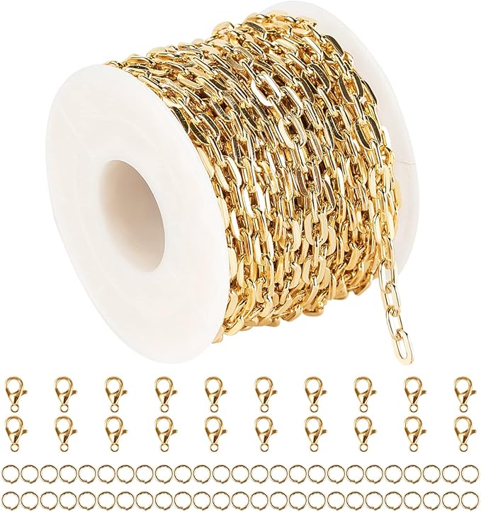 32.8 Feet Gold Plated Chain Bulk, Aluminum Paperclip Necklace Bracelet Chain for Women Men Jewelry Making Chain Roll with Jump Rings and Lobster Clasps