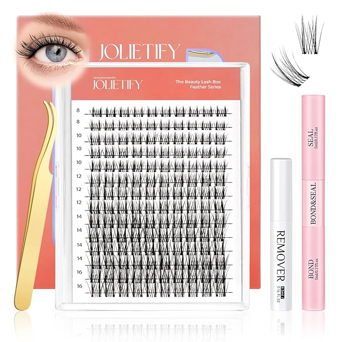 JOLIETIFY Lash Extension Kit, Natural Look, DIY Faux Mink Cluster Lashes 8-16mm, TwinkleUp, Soft & Fluffy, Waterproof Bond & Seal, Reusable Individual Lashes with Tweezers & Remover, Easy to Apply