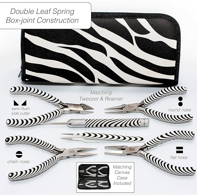 The Beadsmith Zebra Print Tool Kit – 6 Pieces: Chain, Round, and Bent Chain Nose w/Side Cutter, Tweezers, & Reamer with Zippered Pouch, 5-Inch Each