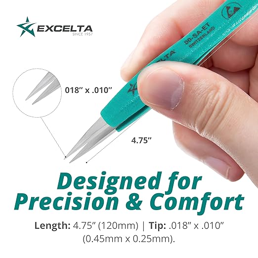 Excelta 00-SA-ET Stainless Steel Precision Tweezers, Straight Medium Point, Anti-Magnetic, ESD-Safe, Heat-Resistant, Anti-Static, Ergonomic, Professional-Grade for Lab, Electronics, Medical & Crafting