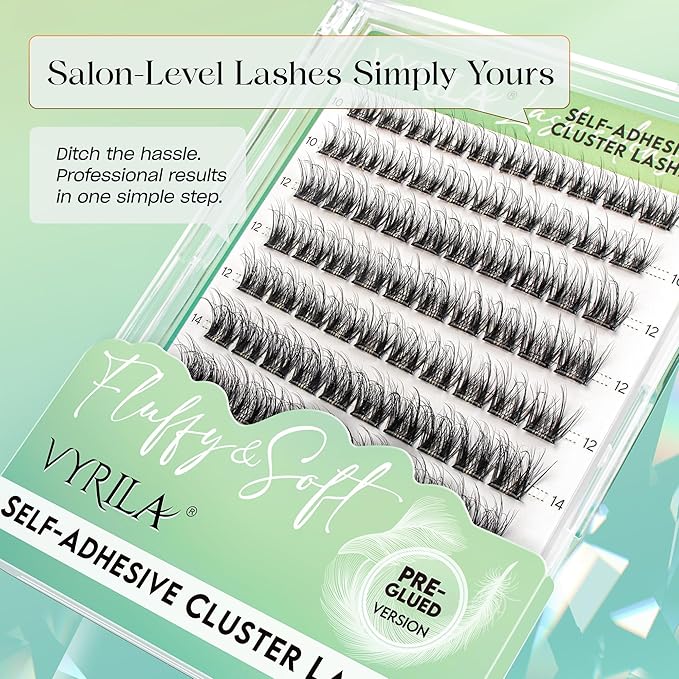 VYRILA Self-Adhesive Lash Cluster, 100pcs Pre-Glued Clusters, Pop-On Faux Eyelashes, 3D Band D Curl Natural Look Lahses, Easy to Apply, Reusable 0.05mm Eyelash Extensions (Green Joy-D-0.05-10-16mix)