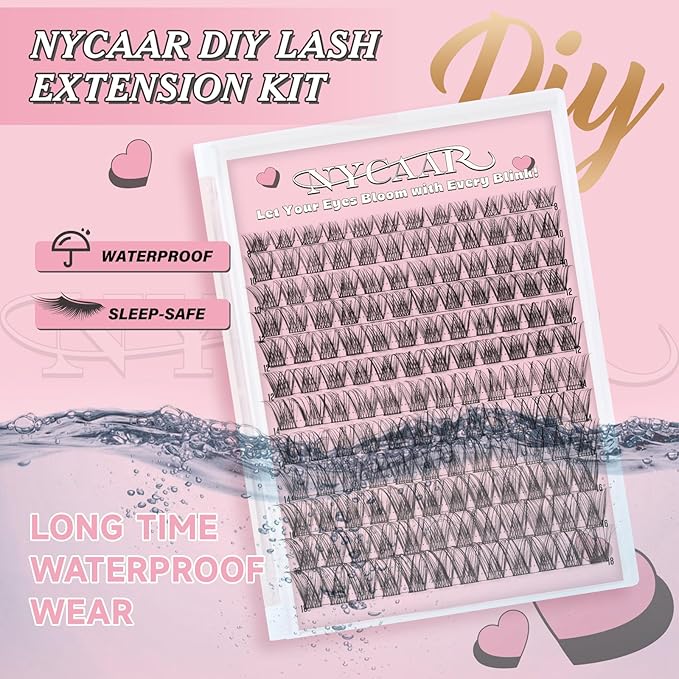 NYCAAR Lash Clusters Kit Wispy Natural Lash Extension Kit D Curl 144Pcs Fluffy Individual Lashes 8-18mm Anime Eyelash Extension Kit with Bond and Seal,Remover,Applicators DIY Lashes Kit at Home(NY03)
