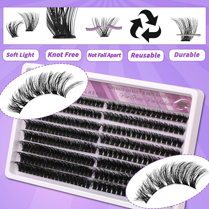 DIY Lash Extension Kit, 280 Cluster Lashes 2 Densities (80P/100P) 10-18mm Mixed Length, Knot-Free Handmade Lashes with Bond/Seal Glue, Remover & Tweezers, Beginner-Friendly for Daily & Party Looks