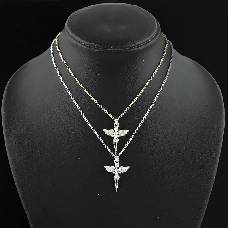 JOR Fairy Charm Pendant Necklace, CZ, Women Jewelry, Dainty Gold & Silver Plated Combo Chain 18 inch (Pack of 2)