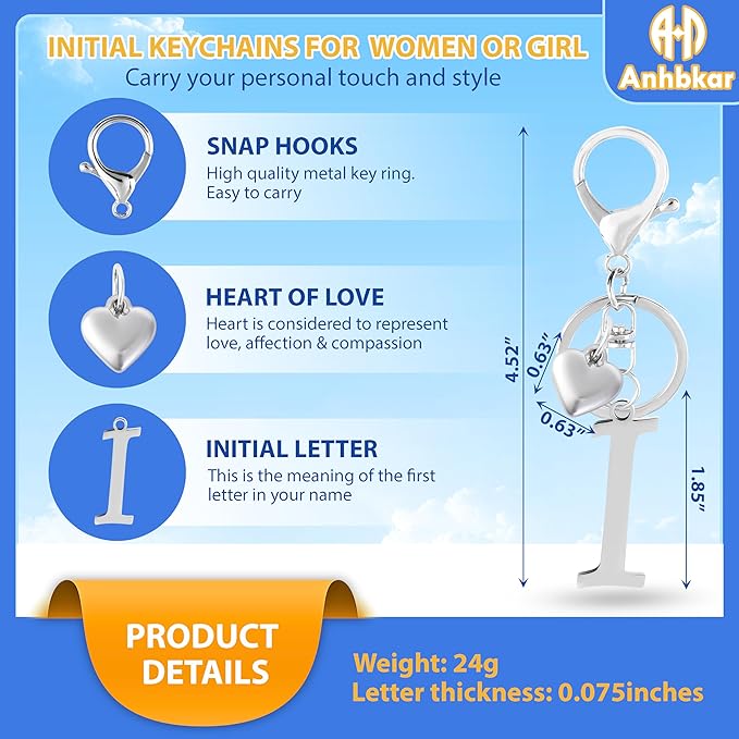 A-Z Heart Initial Letter Keychain, Stainless Steel Alphabet Charm for Handbags, Gift for Women and Girls