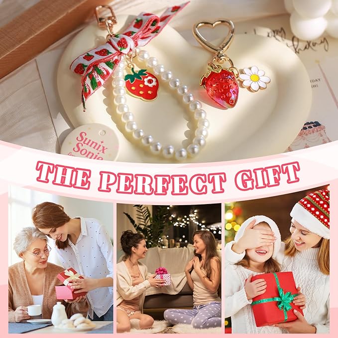 2Pcs Strawberry Keychain Charm Cute Bag Charms Flower Daisy Pearl Bow Keychain Strawberry gift for Women