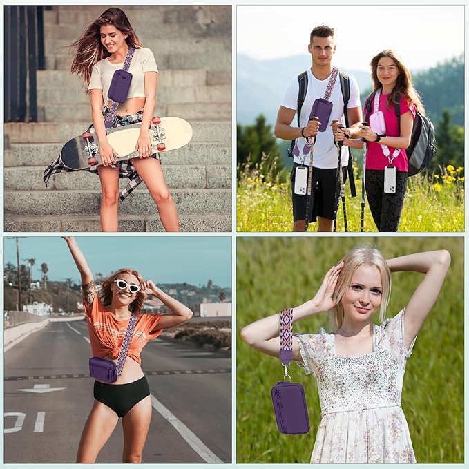 Clip and Go Strap for Phone with Wallet Crossbody, Adjustable Phone Lanyard with Detachable RFID Wristlet Wallet, Pattern Strap - Dark Purple (L)