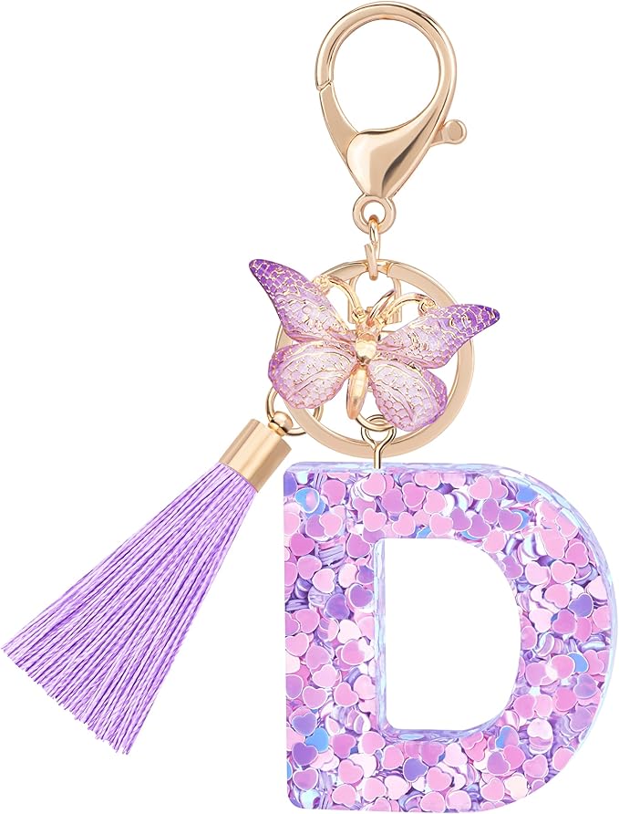 Initial letter Keychains for Women Girls Tassel Butterfly Cute Keychain for Wallet Backpack charm