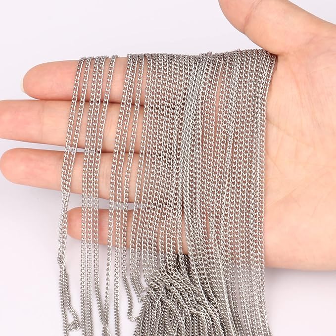 [66 Feet/ 20M] Stainless Steel Curb Chain, 2mm 304 Stainless Steel Chains Flat Twisted Links Curb Chain Bulk for Jewelry Making DIY Craft