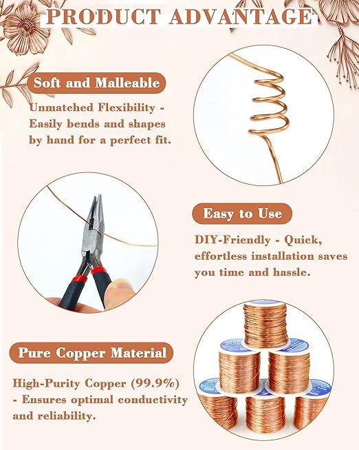 FIVEIZERO 328ft 28 Gauge Copper Wire for Jewelry Making, Pure Dead Soft Bare Copper Wire for Electroculture Gardening, Crafting, Beading, Sculpting