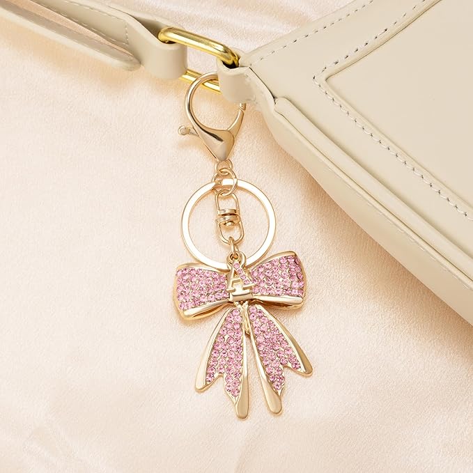 XGALBLA Sparkly Cute Initial Letter Rhinestone Bow Keychain for Women Gold Tone Bag Charms Coquette Aesthetic Purse Charms