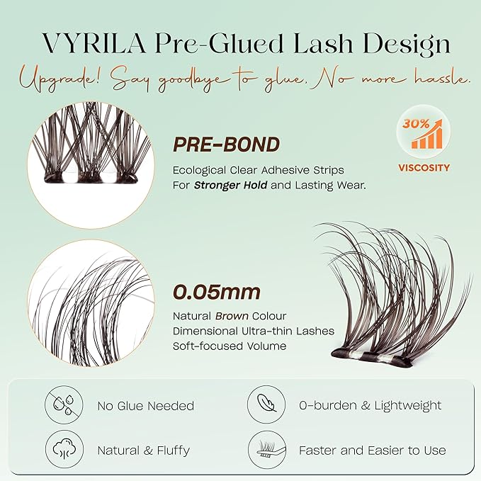 VYRILA Brown Self-Adhesive Lash Cluster Kit, Pre-Glued Clusters with Tweezers, Pop-On Faux Eyelashes, 3D Thin Band D Curl Natural Look Lahses, Easy to Apply, Reusable Eyelash Extensions (Soul-Brown)