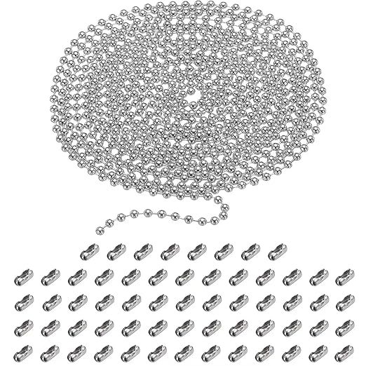 33ft Stainless Steel Ball Chain Necklace, 2.4mm Ball Bead Chain with 60pcs #3 Matching Connectors, Silver Metal Pull Chain for Dog Tag, Jewelry Making Kit, Mens Military Keychain, DIY Crafts