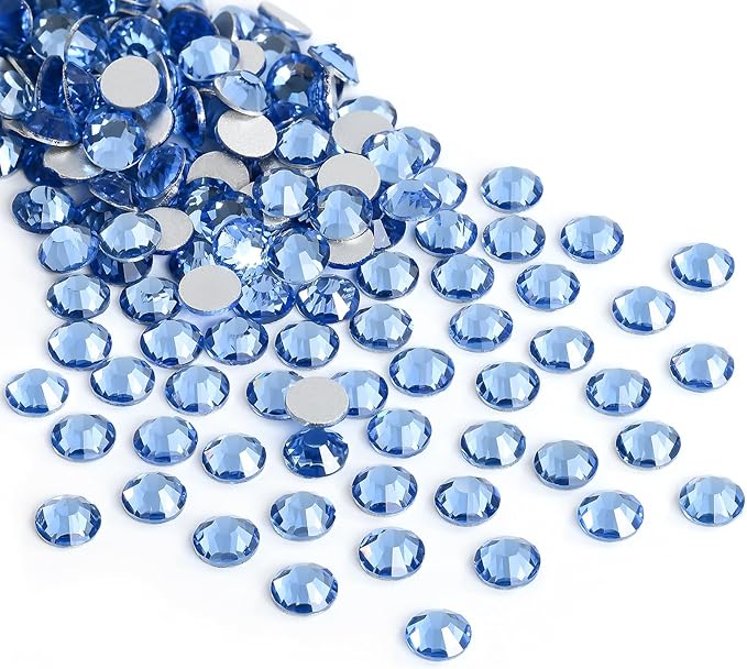 Glue Fix Crystal Flatback Rhinestones Glass Diamantes Gems for Crafting Nail Art Crafts Decorations Clothes Shoes 7.2mm (ss34 288pcs, Light Blue)