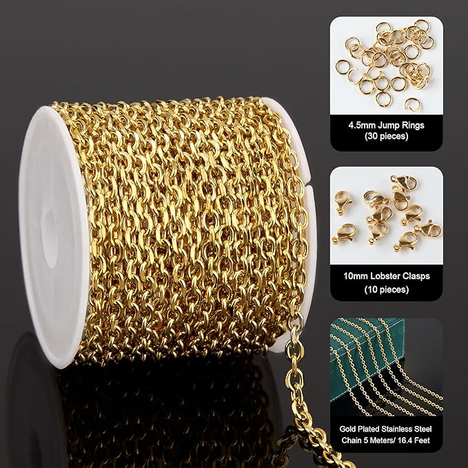 UMAOKANG 16.4 Feet Gold Plated Chains for Jewelry Making Stainless Steel Cable Jewelry Chain Roll with Jewelry Findings