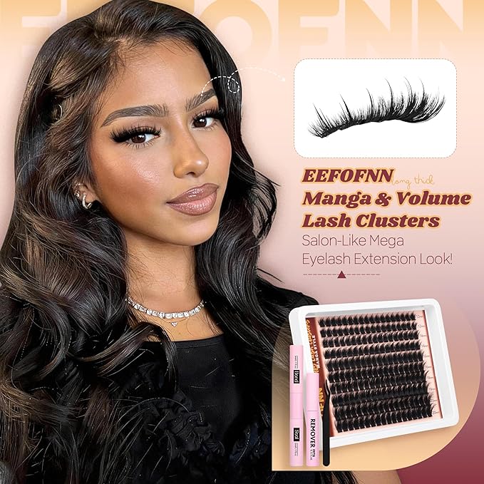 Eefofnn Lash Clusters Kit Manga Eyelash Clusters Wispy Volume Lash Extension Kit 12-20mm Cluster Eyelash Extensions Spiky D Curl Individual Lashes DIY Eyelash Extension Kit with Lash Bond,Seal,Remover