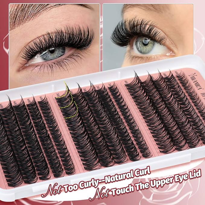 Yawamica Lash Extension Kit Wispy Volume Lash Clusters 40D+50D+60D Individual Lashes 10-18mm Eyelash Extension Kit D Curly 300pcs Eyelash Clusters with Waterproof Lash Bond and Seal and Lash Tweezers