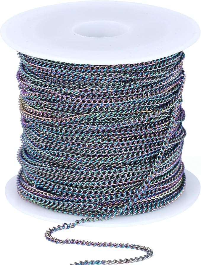 66FT Colorful Stainless Steel Curb Chains Roll, 1.5mm 304 Stainless Steel Multi Color Flat Twisted Links Curb Chains Bulk Spool for Jewelry Making DIY Craft