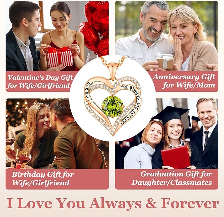 CDE Forever Love Heart Necklaces for Women, Wedding Anniversary, Birthday Mothers Day Christmas Day Gifts for Mom, Mother, Wife, friend, S925 Silver Jewelry with Birthstone Pendant