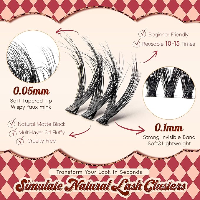 VYRILA Lash Clusters 0.05mm PBT Fiber Eyelash Clusters, 0.1mm Superfine Invisiband D Curl Diy Lash Extension, 72pcs 8-16mm Individual Lashes Clusters Like Eyelash Extensions (Exotic-D-8-16Mix)