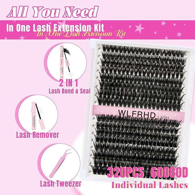 Lash Clusters Kit 320 Pcs DIY Individual Cluster Lashes D Curl Lash Extension Kit with Eyelash Bond and Seal, Remover, Tweezers Applicator Tool for False Eyelash Cluster Kit(60D+80D, Mix9-16mm Kit)