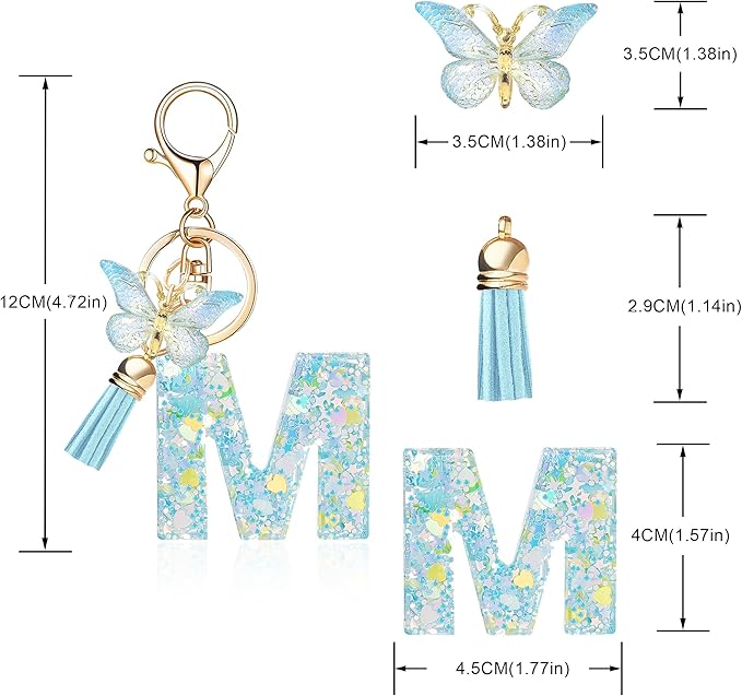 Fashion Alphabet Initial Letter Keychain Tassel Butterfly Pendant Key Ring for Purse Handbags Women Girl