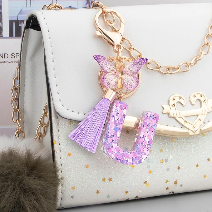 Initial letter Keychains for Women Girls Tassel Butterfly Cute Keychain for Wallet Backpack charm