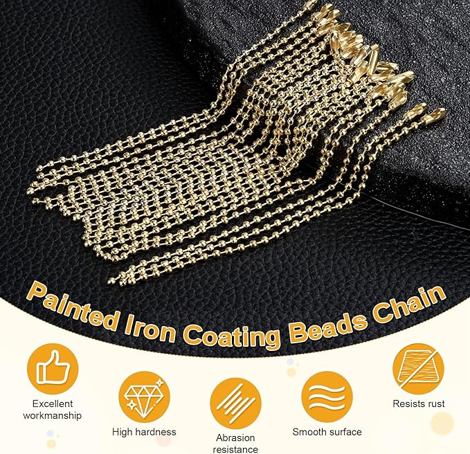 M METERXITY 220-Pack Ball Beads Chain, 4 in Metal Beaded Necklace Adjustable Keychain with Connectors for Jewelry Making/DIY Crafts/Hanging Decoration, Dog Tag Chain [Light Gold]